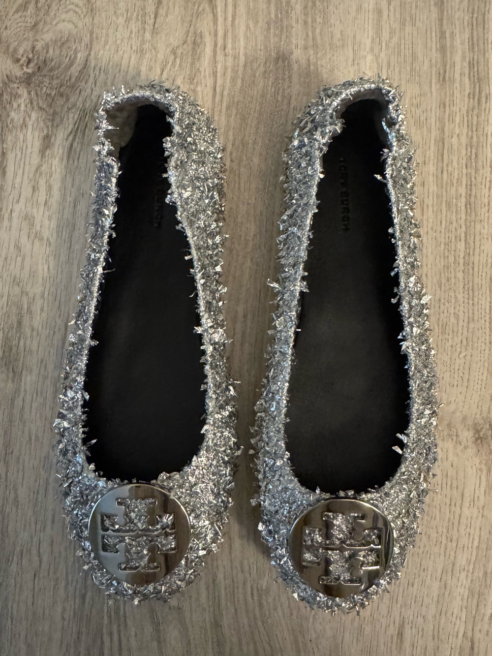 Tory Burch Minnie Silver Confetti Logo Ballet Flats